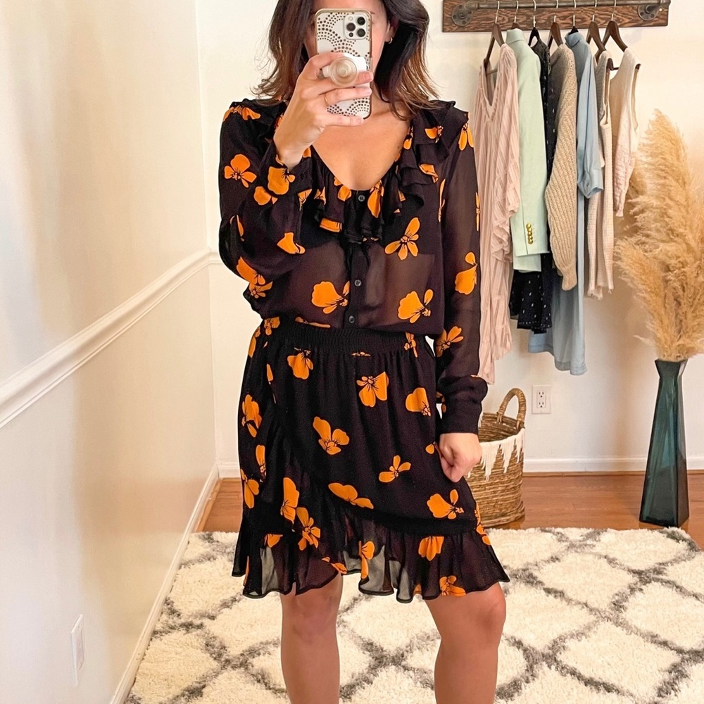 Ganni Fairfax Georgette Floral Sheer Blouse Top & Mini Skirt Set 6